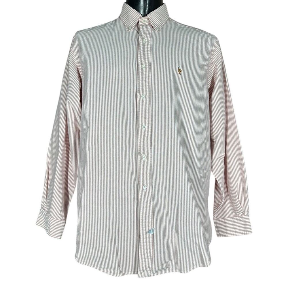 Ralph Lauren Button Down Shirt Red Stripe Cotton Flesh Pony Preppy 17-34 L/XL